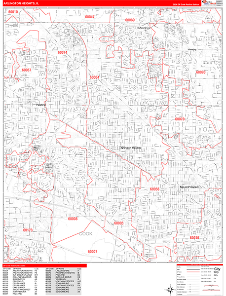 Arlington Heights City Wall Map Red Line Style